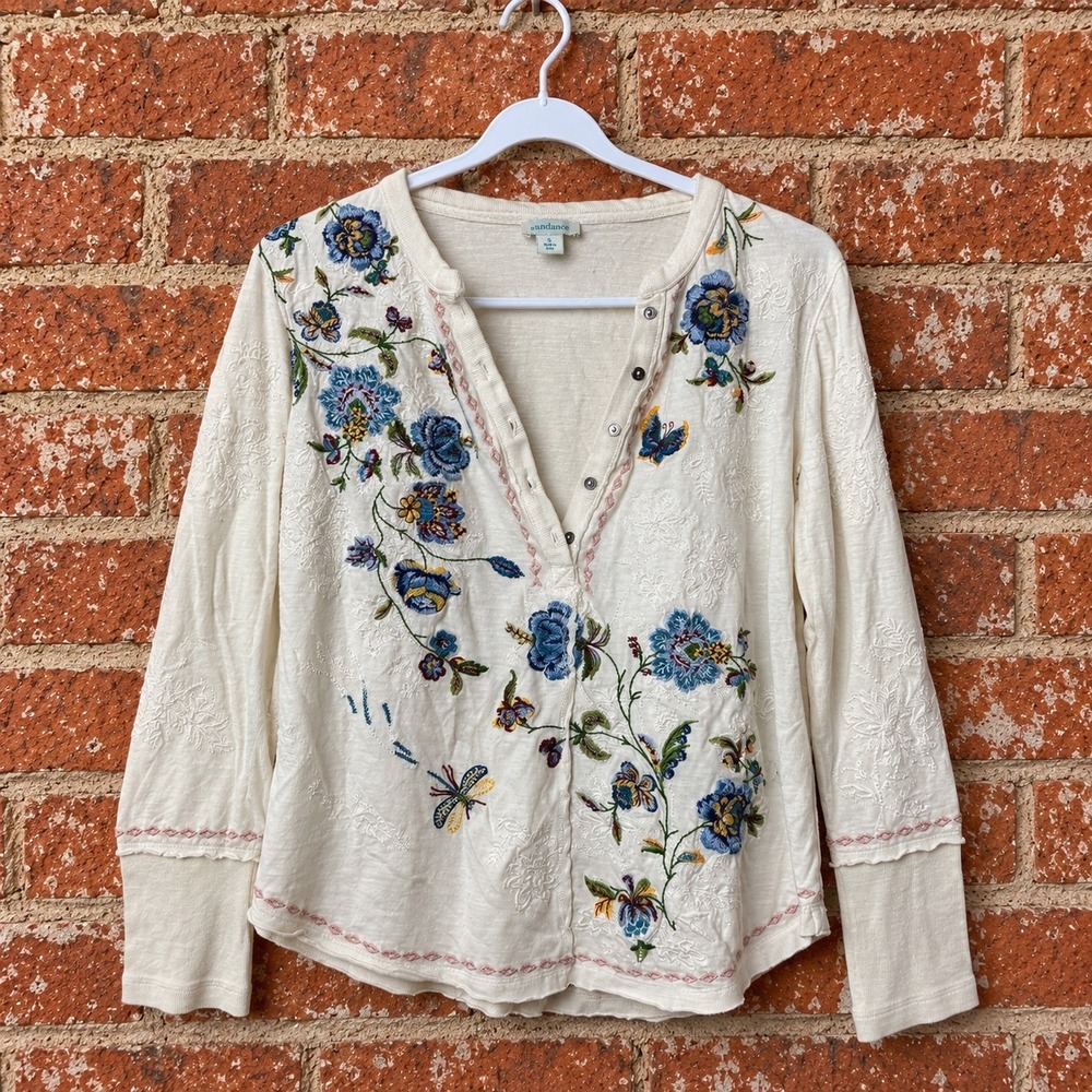 Sundance Floral Embroidered Henley Top Long Sleeve S Boho Costal Cottagecore